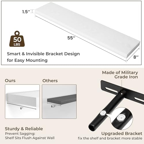RICHFOCUS Long Floating Shelves for Wall 2Pack, White, 55" Lx8 D - Image 4