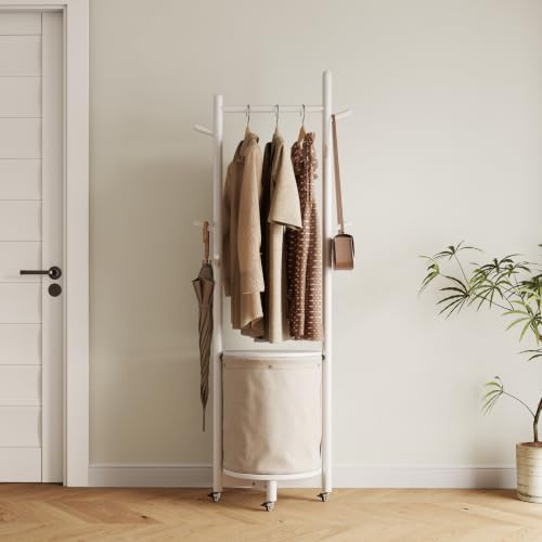 CycleCrew Solid Wood Coat Rack with Fabric Basket - Freestanding Coat Rack Rolling Coat Tree with 9 Hooks Wheels, Small Clothes Rack For Entryway Bedroom Hallway Living Room by Unknown