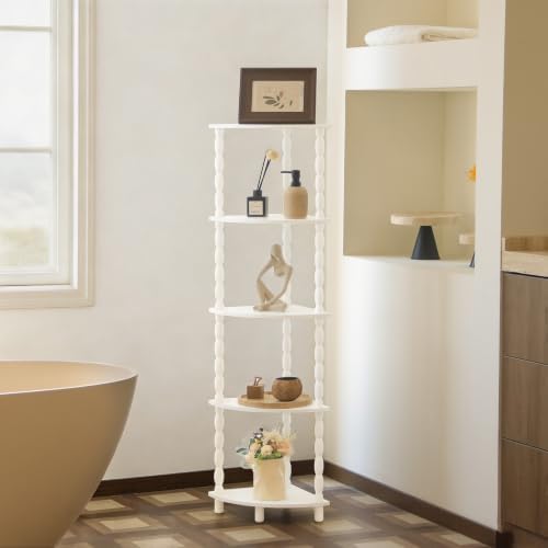 MaxSmeo Corner Bookshelf, 5-Tier Corner Shelf Stand, Modern Corner Plant Shelves with Storage, for Bedroom, Bathroom, Kitchen, Living Room (White) - Image 5