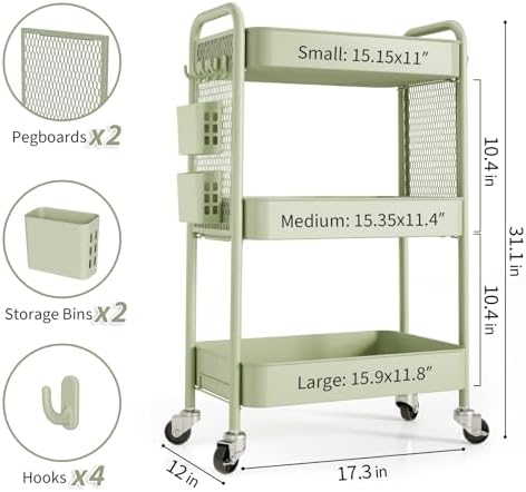 TOOLF 3 Tier Rolling Cart, Metal Utility Storage Cart with Pegboard, Green - Image 6