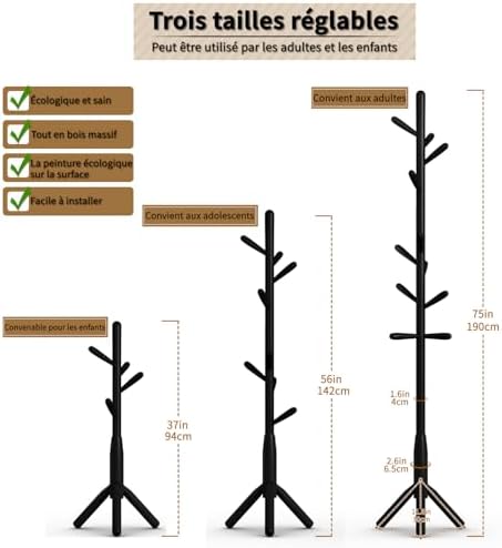 Solid Wood Coat Rack, Freestanding Tree-Shaped Coat Rack with 11 Hooks, Main Pole 1.6" dia for Clothes, Hat Stand Used in Bedroom/Office/Entryway (3-Leg Base, Black) - Image 6