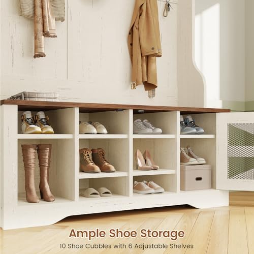 Itaar Hall Tree with Bench and Shoe Storage, 5-in-1 Entryway Bench with Coat Rack, 10 Shoe Cubbies & 9 Coat Hooks, Barn Door & Adjustable Shelf (White) - Image 5