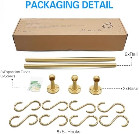 31 Inch Brass Pot Rack Wall Mounted, Kitchen Rail with Hooks for Pots, Pans, Mugs and Utensils, Segmented Wall Hanging Rack, Includes 8 S-Hooks - Image 5