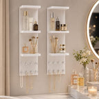 3 Tier White Floating Wall Vanity Shelf with 8 Crystal Hooks, Set of 2 Wall Mounted Bathroom Organizer for Perfume, Makeup, Skincare, Jewelry, Key Holder Display Shelf for Vanity, Entryway - Image 2