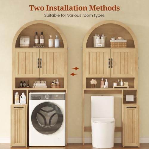 UPOSOJA Arched Over The Toilet Storage Cabinet with Pulley Small Bathroom Storage Cabinet, Bathroom Organizer, Adjustable Shelves, Toilet Paper Holder, 2 Hooks, Space Saver for Restroom, Laundry, Oak - Image 3