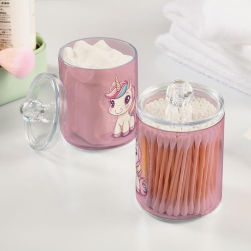 Fustylead 4 Pack Cute Cartoon Pink Unicorn Plastic Apothecary Jars with Lid, Bathroom Vanity Storage Organizer Canister for Qtip, Cotton Ball, Swab, Round Pads, Floss - Image 4