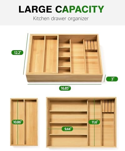 HULISEN Double Layer Bamboo Utensil Drawer Organizer for Silverware Cutlery - Image 2