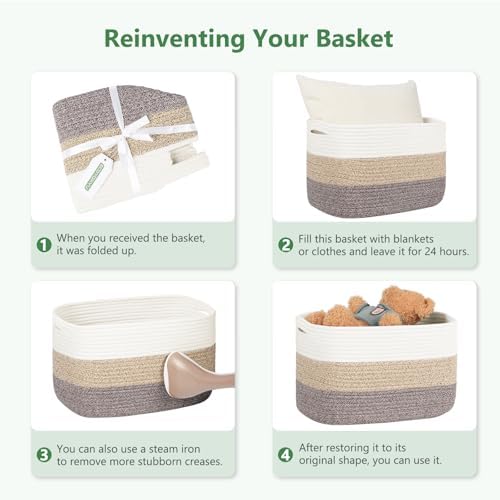 ECDYQXVU 15x10x9 Woven Cotton Rope Storage Basket, Leather Handles 3 Pack - Image 4