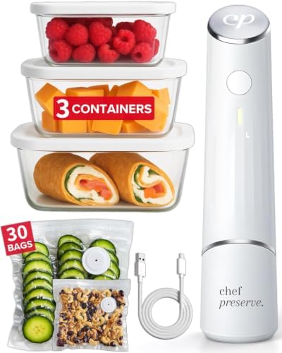 Chef Preserve Compact Vacuum Sealer for Food (Vacuum Sealer Machine + 3 Glass Vacuum Containers + 30 Reusable Vacuum Bags) Powerful Handheld Vacuum Seal Machine, Seal Meal Saver, Portable Food Sealer by ChefPreserve
