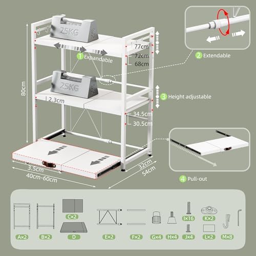 NETEL Expandable Microwave Stand,3 Tier Metal Kitchen Countertop Organizer Shelves with 8 Hooks,Bakers Rack,Pull-Out Microwave Shelf,Metal Storage Shelves,110lbs Weight Capacity,White - Image 6