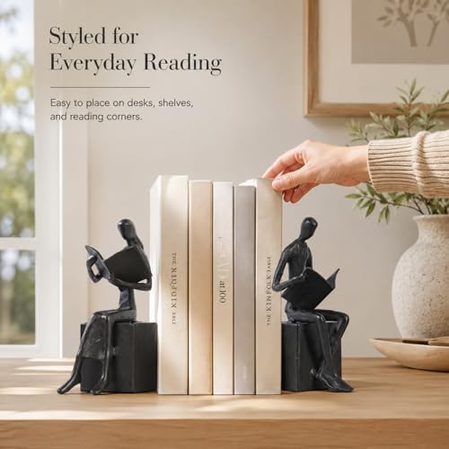 Iron Decorative Bookends for Heavy Books, Black Reading Couple Book Ends Decorative, Metal Thinker Bookends for Shelves Shelf Bookshelf Books Home Office Aesthetic or Book Lovers Gifts - Image 6