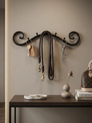 Farmhouse Wrought Iron Wall Mounted Key Holder – Handcrafted Swirl Decorative Design | Heavy Duty 5 Hook Entryway Organizer Rack for Keys, Coats, Hats, Bags & Dog Leash (Swirly Black) - Image 6