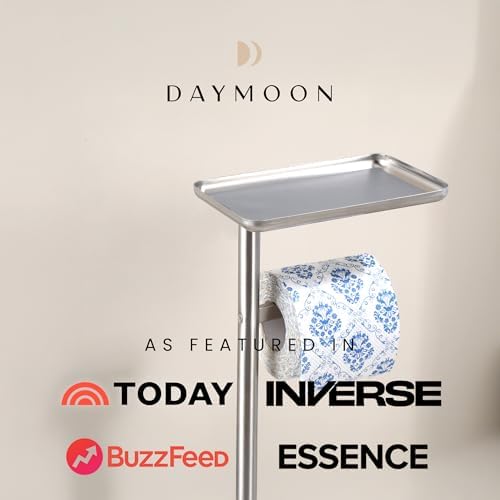 Day Moon™ - Toilet Paper Holder - Modern Roll Holder for Bathroom - 1 Pack - Free Standing - with Shelf, Brushed Nickel - Image 6