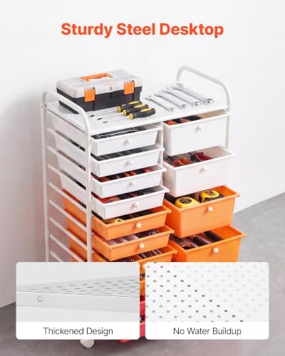 VEVOR Rolling Cart with Drawers, Double Row 15 Drawer Storage Organizer, Mobile Utility Cart, Steel Frame, Universal Casters & 2 Brakes, for Office, Classroom, Craft Room, Studio, Garage, Gradient Red - Image 4