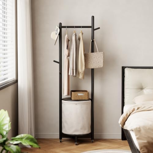 CycleCrew Solid Wood Coat Rack with Fabric Basket - Freestanding Coat Rack Rolling Coat Tree with 9 Hooks Wheels, Small Clothes Rack For Entryway Bedroom Hallway Living Room - Image 5