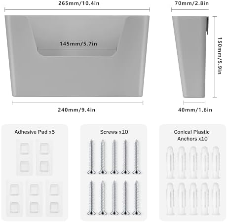 JOMOLA No Drilling File Holder 5 Pack Mail Organizer Wall Mount File Organizer Holder Office Wall Hanging Files Magazines Organizer Plastic Door Mount Wall Pocket with Adhesive Pad, Grey Color - Image 2