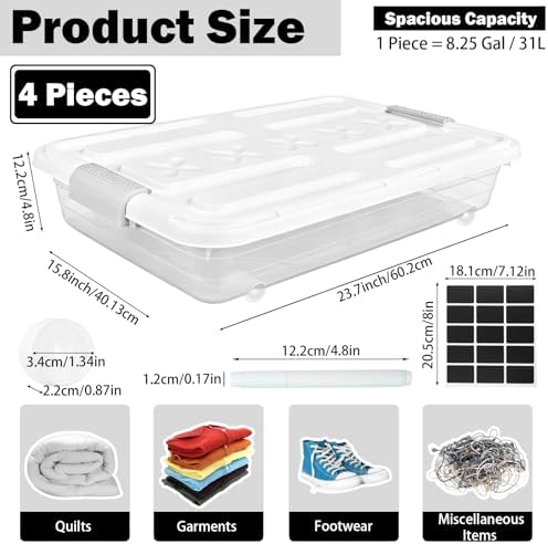 4 Pcs Plastic Under Bed Storage Containers with Handles and Lid Wheels, 23.7 x 15.8 x 4.8 Inch White clear Stackable Latching Container, Clothes Shoes Large Capacity Bins, for Bedroom Closet - Image 2