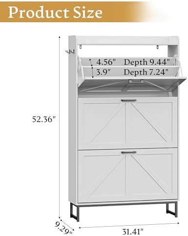 Wodeer Shoe Cabinet Storage for Entryway, Shoe Storage Cabinet with 4 Flip Drawers, Freestanding Narrow Shoe Rack Organizer with Metal Legs, Adjustable Shelves & Open Storage for Foyer, Hallway, White - Image 2