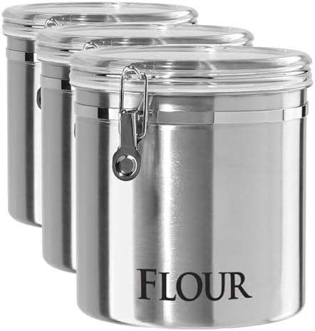 Oggi Jumbo 8" Stainless Steel Flour Clamp Canister - Airtight Food Storage Container Ideal for Kitchen & Pantry Storage of Flour or other Bulk, Dry Foods. (Pack of 3) by OGGI