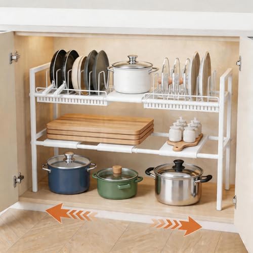 Pots and Pans Organizer Under Cabinet, Expandable Pots Organizers Inside Cabinet, Adjustable Height Under Sink Shelf 2 Tier with 10 Dividers Under Cabinet Shelf, Pot and Pan Lid Holder Rack (White) by Unknown