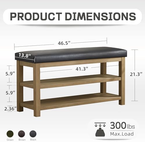 Zihanhome Shoe Rack Bench with Leather Cushion, 2 Tier Solid Wood Storage Bench, Mid-Century Modern Shoe Bench for Entryway, Hallway, Closet, Front Door Entrance, Foyer (Black, 46.5) - Image 2