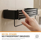 Black Adhesive Square Shower Caddy with Towel Bar, Soap Holder and Hooks - Image 7