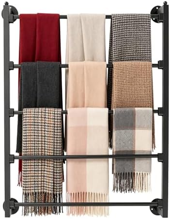 TFCFL 5 Tier Wall Mounted Scarf Rack, Retail Display Tie & Scarf, Belt Towel Hold, Ribbons Rack, Space-Saving Wrapping Paper Organizer Ribbon Holder (Black) by TFCFL