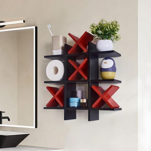 DAOYOUSKY Tic Tac Toe Toilet Paper Holder Stand with 4pcs Wooden X, Farmhouse Rustic Wall Mounted Funny Toilet Papers Storage Organizer with Shelf, Guest Bathroom Decor, Black and Red - Image 4