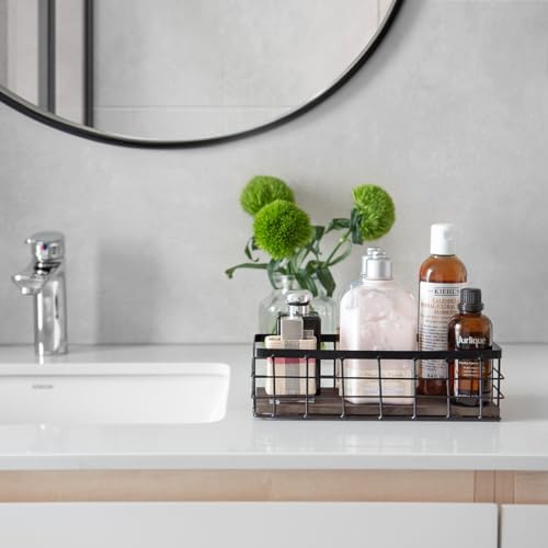 ROSE BLOOM Small Metal Wire Storage Basket, Decorative Wood Base Organizer Bins for Bathroom, Kitchen, Laundry Room, Pantry, Basket for Toilet Paper, Fruits, Spices (2 Pack) - Image 3