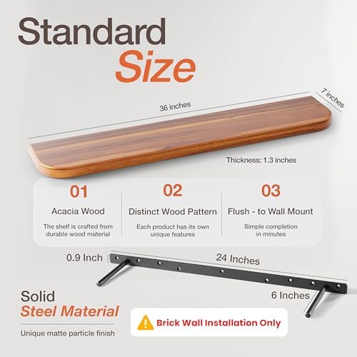 BATODA 36" Acacia Wood Floating Shelves Wall Mounted (Round Edge) – Rustic Farmhouse Wooden Wall Storage Shelf for Bedroom, Kitchen - Brackets and Shelving Hardware Included (Acacia,36 Inch Length) - Image 3