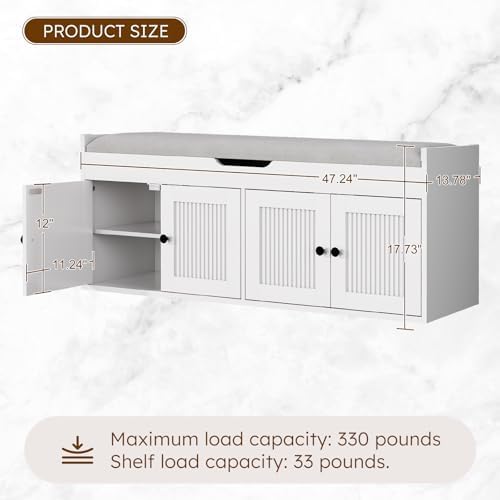47.2" Storage Bench - Entryway Shoe Bench with 4 Doors and Top Storage Area, Multifunctional Entryway Bench with Lift Top Cushion, Shoe Storage Bench for Bedroom, Living Room, White - Image 2