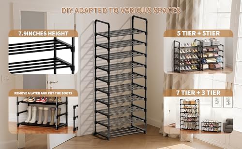 Shoe Rack, 10 Tier Shoe Storage Organizer,Fit 30-35 Pairs Shoes,Metal Tall Shoe Shelf for Closet,Entryway, Hallway,Garage,Bedroom,Cloakroom - Image 4