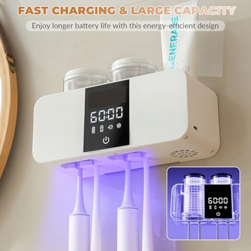 Smart Wall-Mounted Toothbrush Holder with Solar Charging, 4 Brush Slots & 2 Cup, Multi-Function Electric Toothbrush Organizer with Built-in Dryer for Home Bathroom (White - 2 Cups) - Image 5