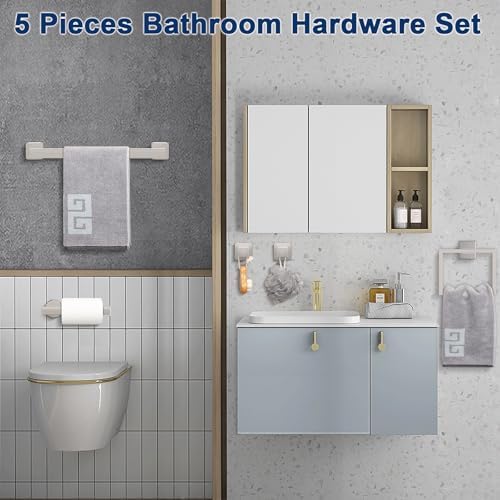 NearMoon 5 Pieces Bathroom Hardware Set 304 Stainless Steel, Square Towel Rack Kit - 16" Towel Rod + Towel Ring + Toilet Paper Holder + 2 Robe Hooks, Wall Mounted Bath Accessories (Chrome Finish) - Image 3