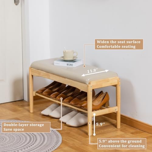 SOBIBO 2-Tier Entryway Shoe Rack Bench, Rubber Wood, Beige & Natural, 31.5" - Image 6