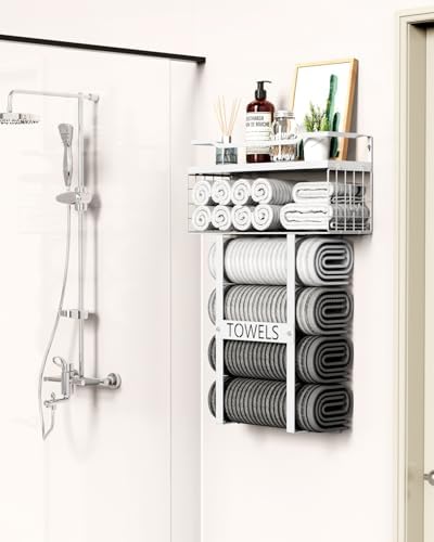 Towel Racks for Bathroom Wall Mounted - Bath Wall Towel Holder Set Above Toilet Storage, Rolled Towel Shelf Organizer for Small Bathroom All White, Wood Vertical Towel Rack for Bathroom Wall Decor - Image 3