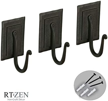 RTZEN Wall Mount Hook Set - Wrought Iron Decorative Rustic Metal Coat Hooks for Hanging - Handcrafted Classic Farmhouse Wall Mounted Black Hooks for Towel Robe or Hat Hanging - 3 Pack - Image 3