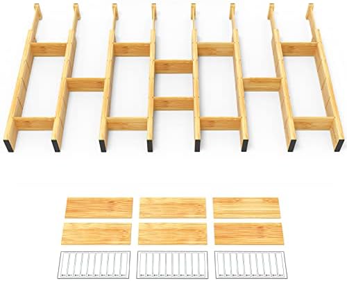 SpaceAid Bamboo Drawer Dividers with Inserts and Labels, Kitchen Adjustable Drawer Organizers, Expandable Organization for Home, Office, Dressers and Bathroom, 8 Dividers with 18 Inserts (17-22 in) by SpaceAid