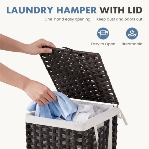 DUMOS Laundry Basket with Lid, 65L Wicker Laundry Hampers, Chestnut Brown - Image 2
