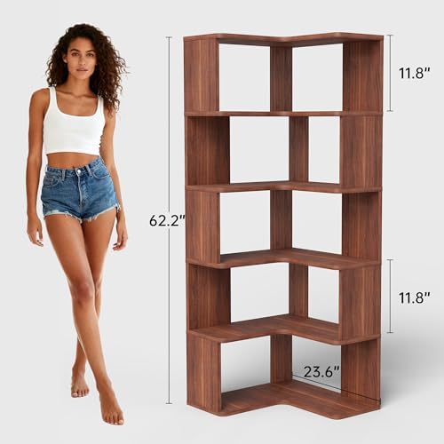 6-Tier L-Shaped Corner Bookshelf, 63" Tall Freestanding Wood Grain Corner Bookcase with Safety Baffle, Space-Saving Corner Shelf Storage for Living Room, Bedroom, Home Office, Walnut - Image 2