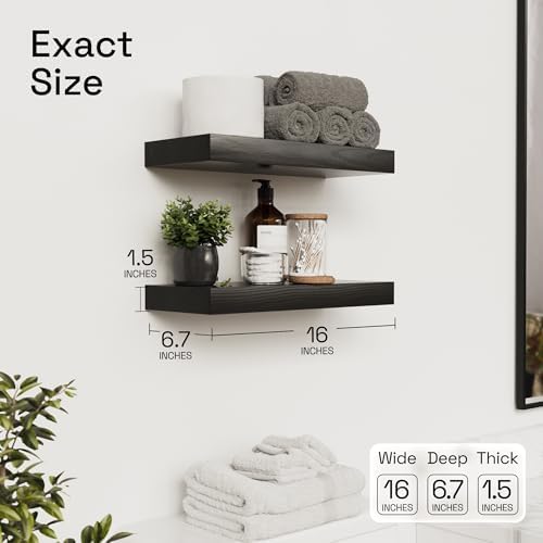 Solid Wood Floating Shelves For Wall 16 inch Black, Bathroom Wooden Shelf - Image 3