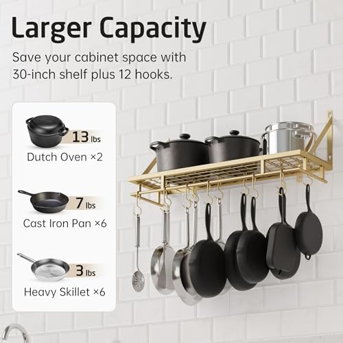 KES 30-Inch Gold Pot Rack, Wall Mounted Hanging Pot and Pan Organizer - Image 2