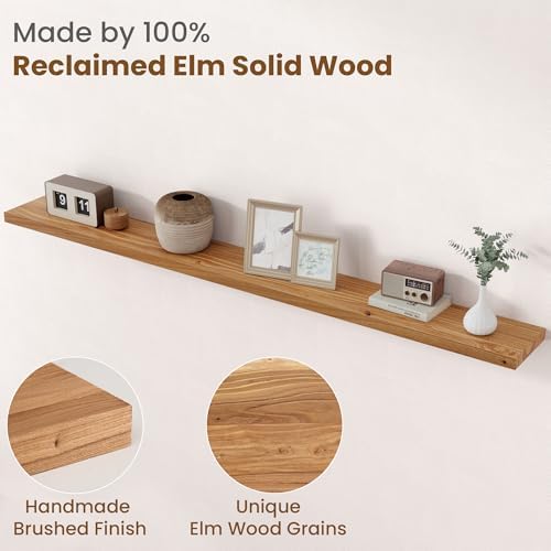 Floating Shelves for Wall Decor, 8" Deep Rustic Solid Elm Wood Floating Shelves Wall Mounted, Wall Shelves with Invisible Bracket for Living Room Bathroom Bedroom Kitchen, 72 Inch Set of 1, Natural - Image 3