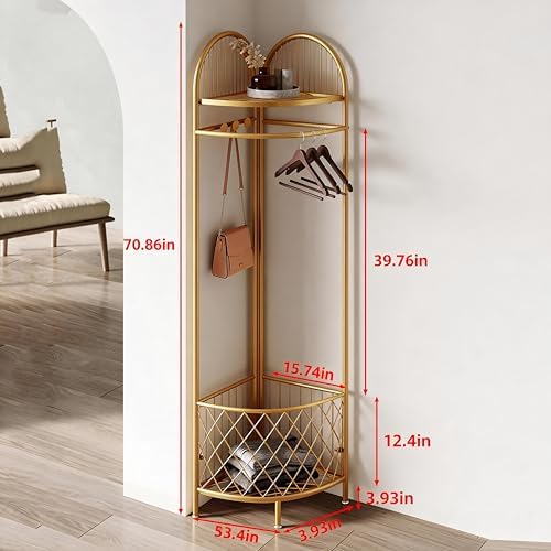 HKaikzo Corner Coat Rack, Gold Clothes Rack with 6 Metal Movable Hooks and Storage Basket Hall Tree Design Clothing Rack for Bedroom Entryway Hallway - Image 5