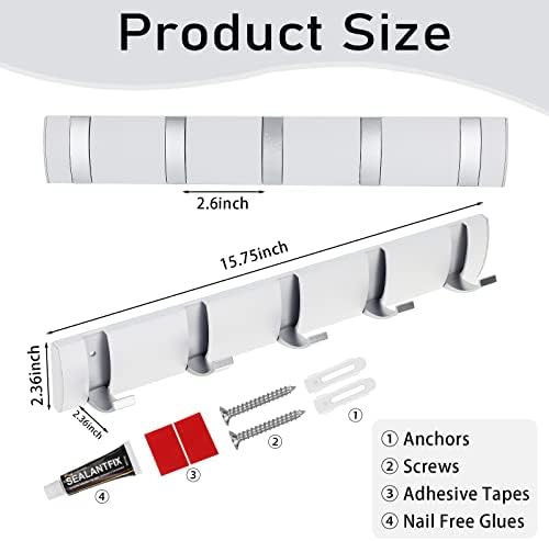 Wesiti 2 Pack Wall Mounted Coat Rack, 5 Foldable Hooks, White - Image 2