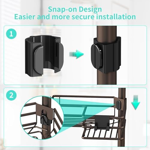 HapiRm Corner Shower Caddy Organizer - Shower Organizer Corner with Soap Holder, Toothbrush Holder and 4 Hooks, Rustproof Bathroom Shelf Tension Pole Available for 27.6 to 108.3 Inch - Bronze - Image 3