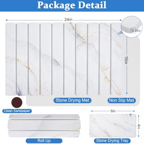 Stone Dish Drying Mat for Kitchen Counter - White Marble 24"×16" & 8"x4" - Image 2