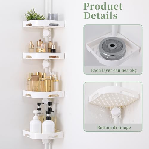 akinbas Tension Pole Shower Caddy Organizer with 4 Tier L-Shaped Rust Resistant Bathroom Corner Shelves with 34-124 Inch Adjustable No Drilling Quick Install Shower Rack for Bath Essentials (White) - Image 7