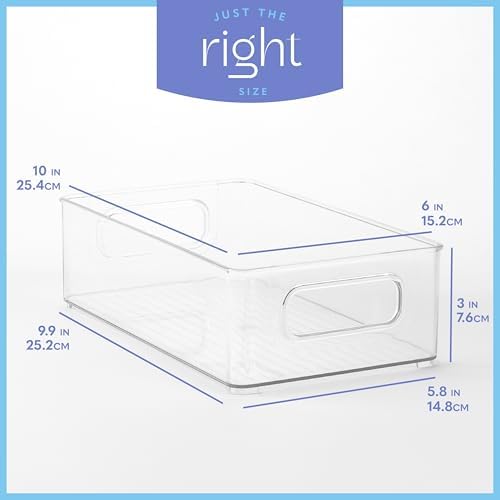 Plastic Food Storage 4 Pack Clear Container Bin with Handles for Organizing Kitchen, Pantry, Refrigerator, Freezer, Pantry, Cabinet, Closet, Bathroom. Stackable 10”x6”x3” - Image 3