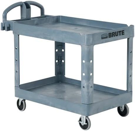 Rubbermaid Commercial Products BRUTE Heavy Duty 2-Shelf Utility/Service Cart, Medium, Lipped Shelves, Ergonomic Handle, 500 lbs. Capacity, Gray, for Warehouse/Garage/Cleaning/Maintenance/Stadiums by RubbermaidCommercialProducts